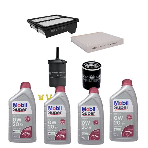 Kit Revisão 4 Litros de Óleo Mobil 0W20 API SP ILSAC GF-6 Sintético + Kit de Filtros Mann Filter Honda City | Fit 1.4/1.5 16V Flex 2009 até 2014