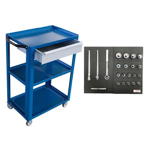 Kit Carrinho de Ferramentas Aberto de 1 Gaveta Azul Fercar com Jogo de Soquete Estriado Encaixe 1/2 - 08 a 32 mm com, 22 peças Robust