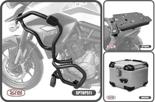 Combo Protetor Motor Scam + Suporte Traseiro + Baú Aluminio Polido Tiger 900