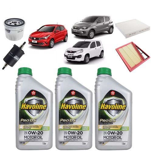 Kit Revisão 3 Litros de Óleo Texaco Havoline 0W20 Sintético + Filtros Argo Cronos Mobi Uno Motores 1.0 / 1.3 Firefly 3 Cilindros