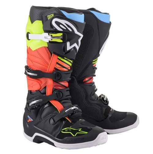 Bota Alpinestars Tech 7 - Preto/Amarelo Fluor/Vermelho Fluor/Azul