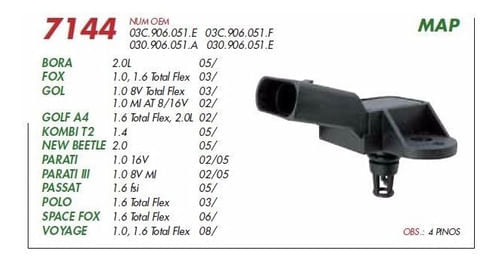 SENSOR MAP - PRESSÃO ABSOLUTA VW GOL G3/G4/G5 1.0 1.6 8/16V - MTE7144